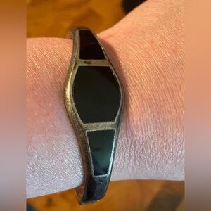 Vintage Taxco Sterling Silver 925 Bangle Bracelet. Black Onyx Inlay. 38 Grams